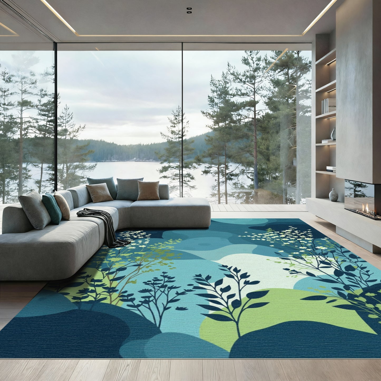 Deep Blue Abstract Floral Landscape Rug