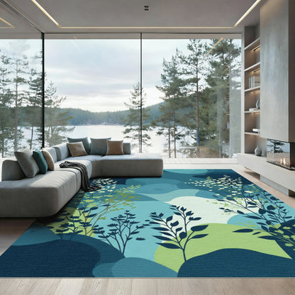 Deep Blue Abstract Floral Landscape Rug