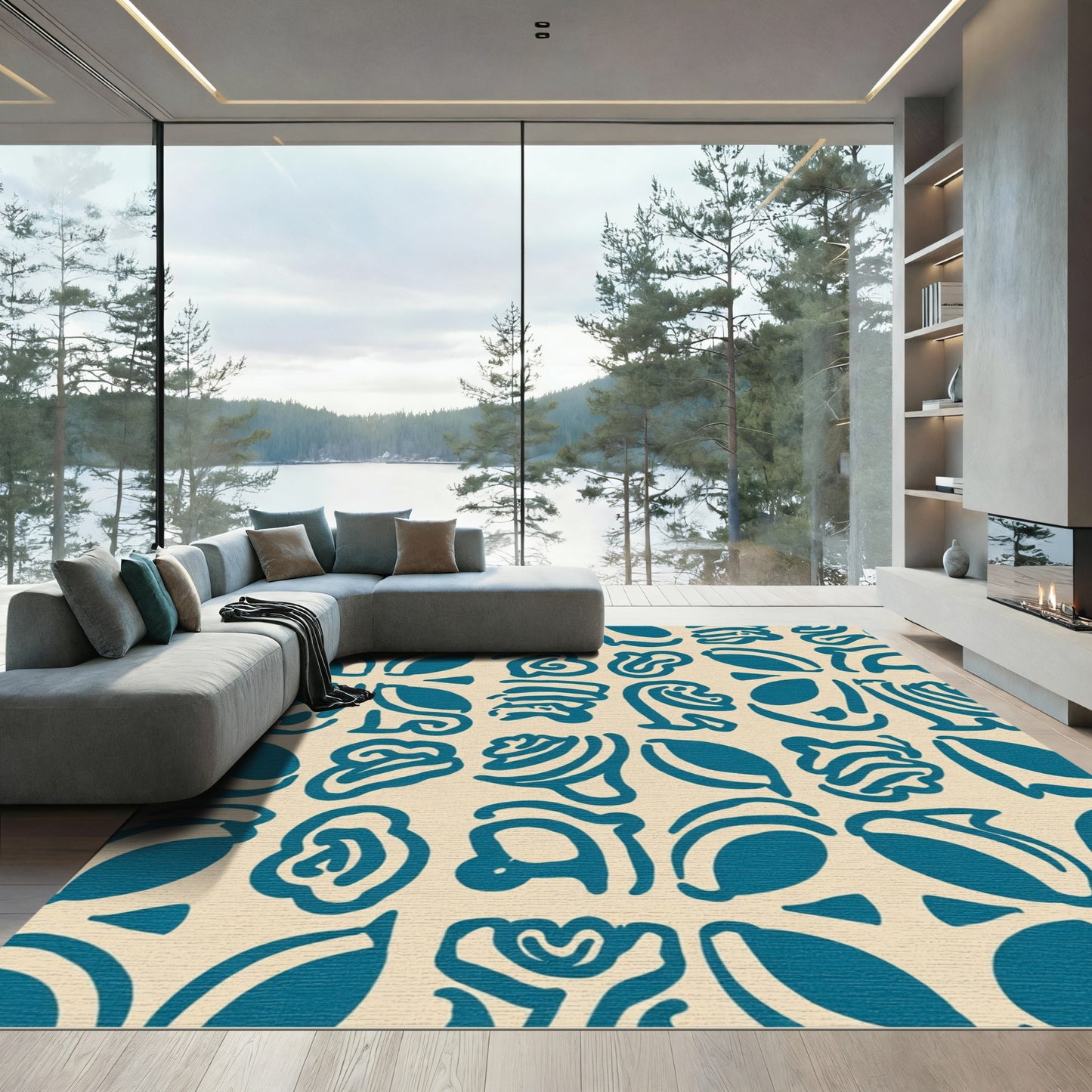 Teal Abstract Art Deco Forms Rug