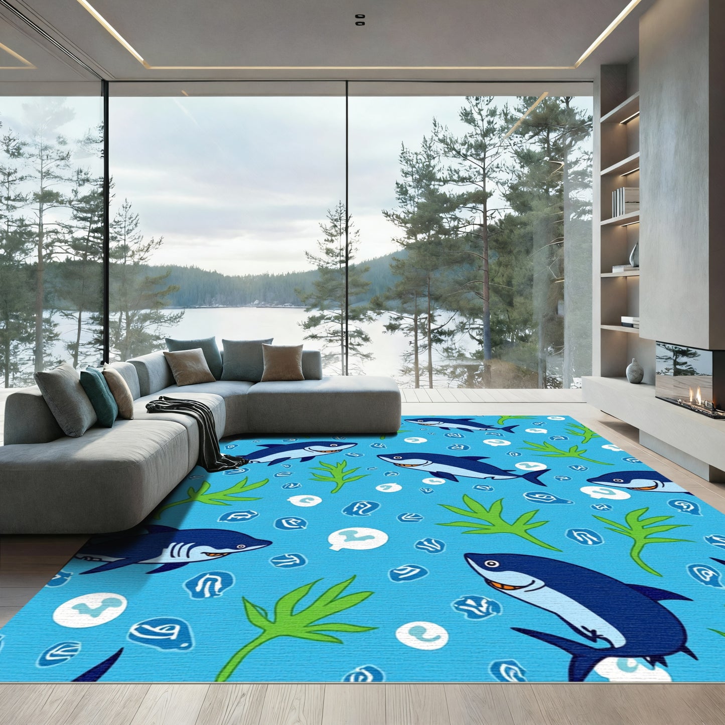 Blue Cartoon Shark Kelp Whimsical Rug
