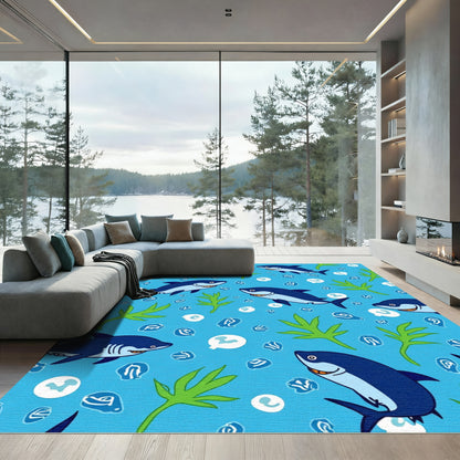 Blue Cartoon Shark Kelp Whimsical Rug