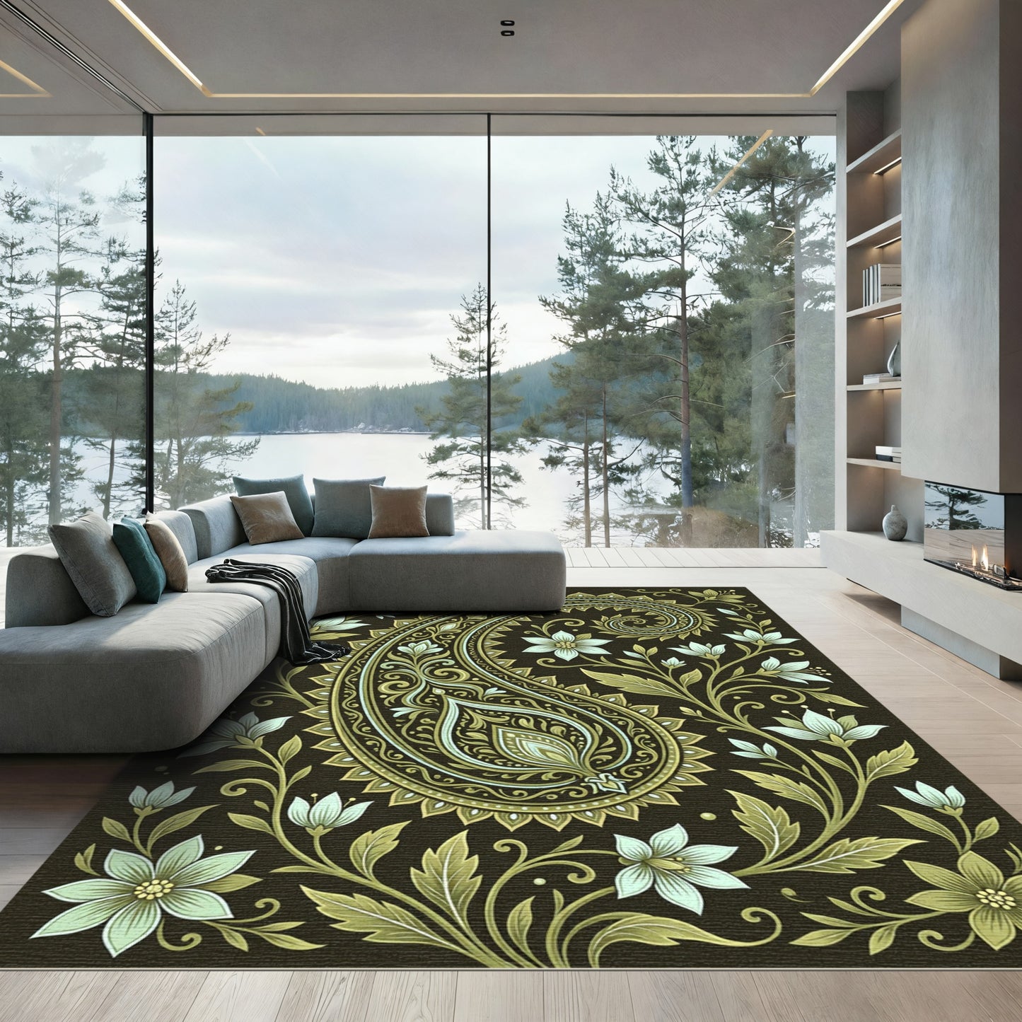 Rich Green Paisley Floral Scroll Rug