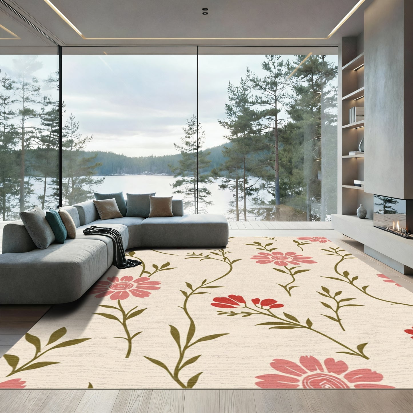 Pink Red Floral Branch Cream Rug