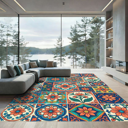 Vibrant Coral Teal Floral Tile Collage Rug