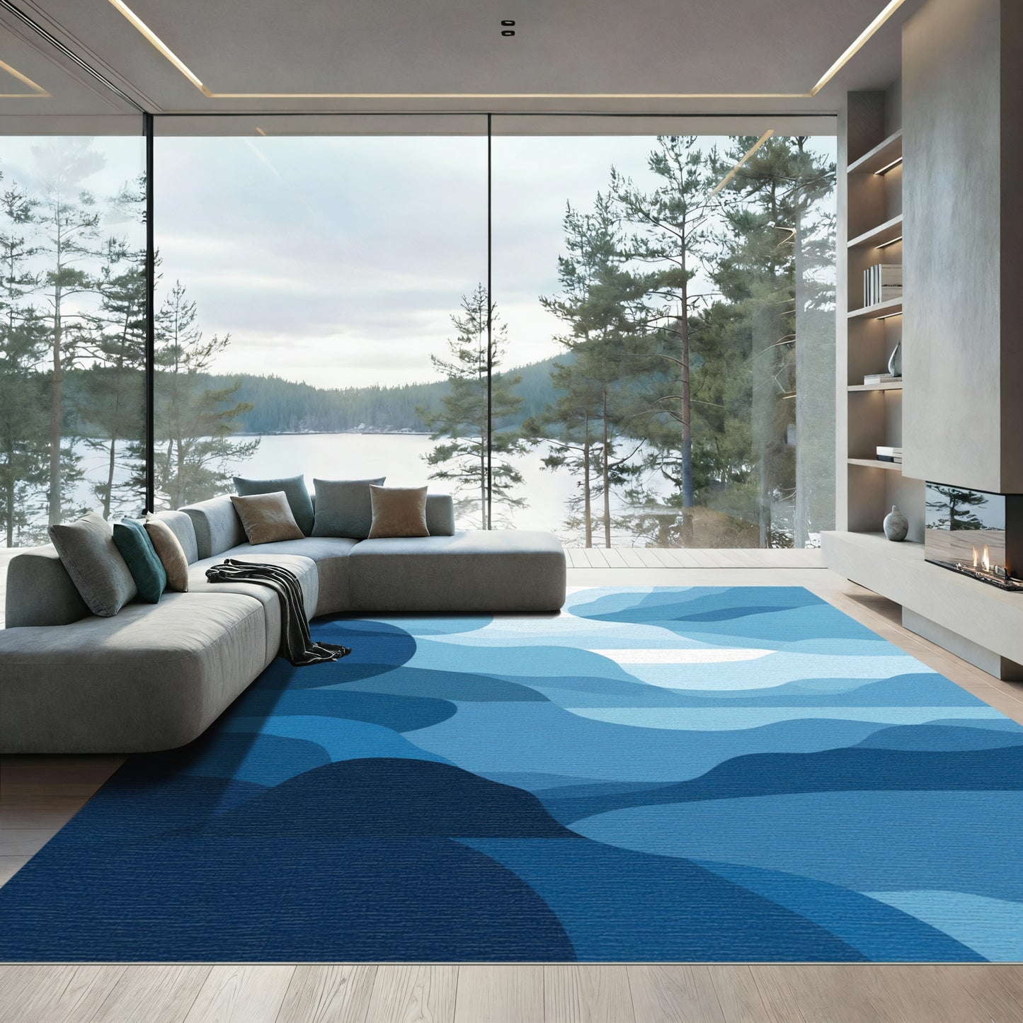 Oceanic Blue Rippled Landscape Rug