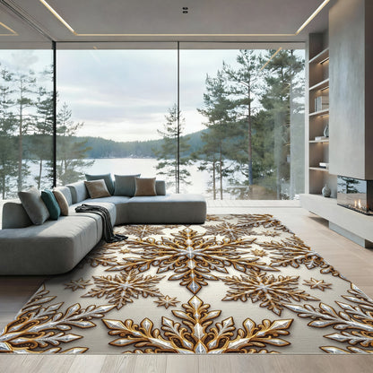 Golden Metallic Snowflake Ornamented Rug