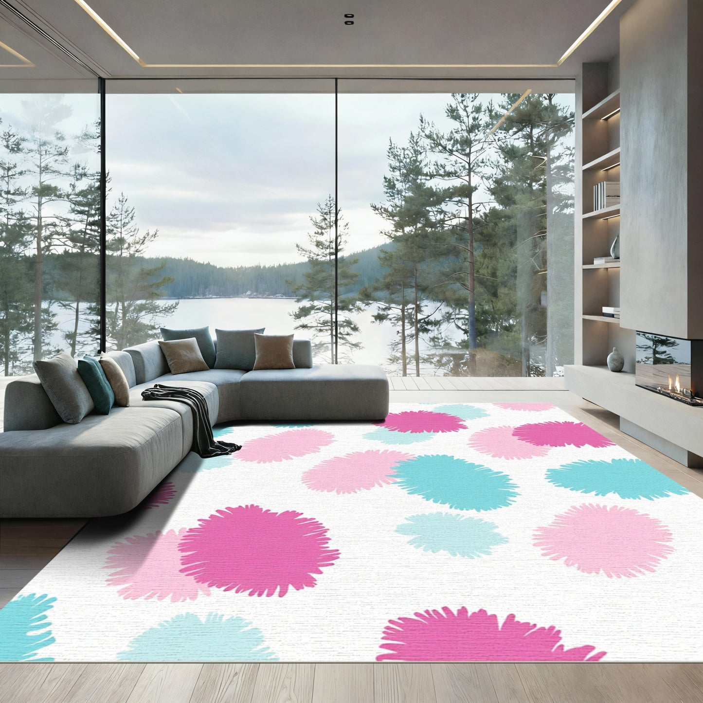 Pink Teal Fluffy Splatter Medley Rug