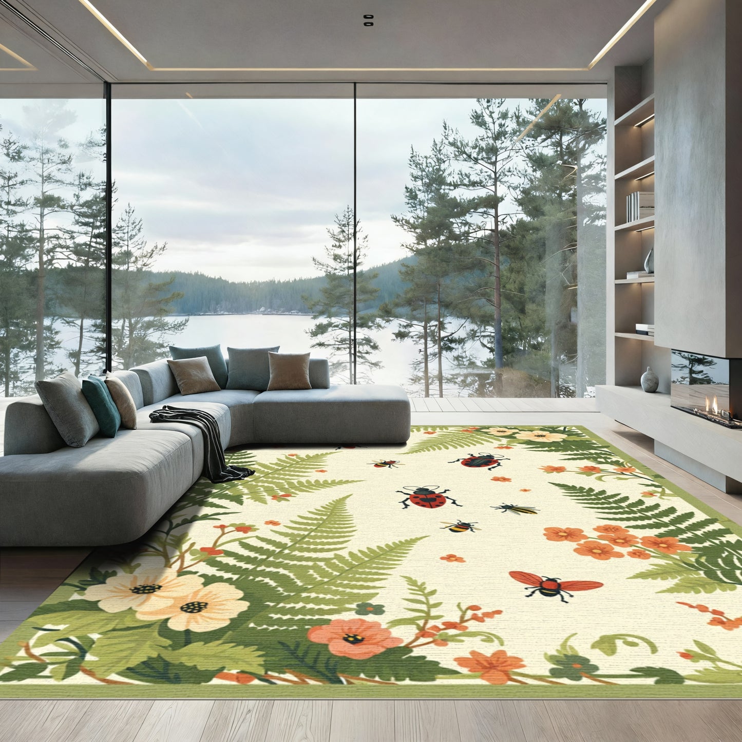 Whimsical Ladybug Fern Garden Rug