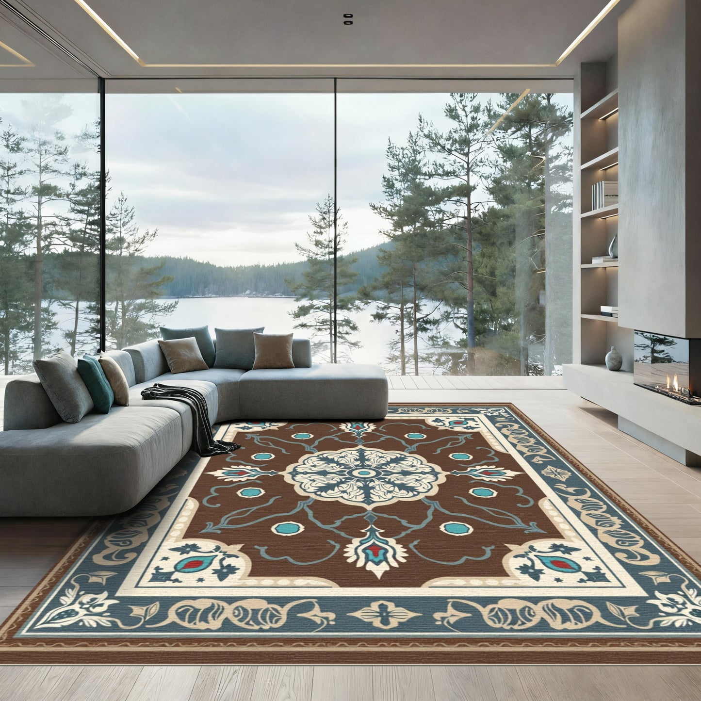 Brown Blue Medallion Floral Border Rug