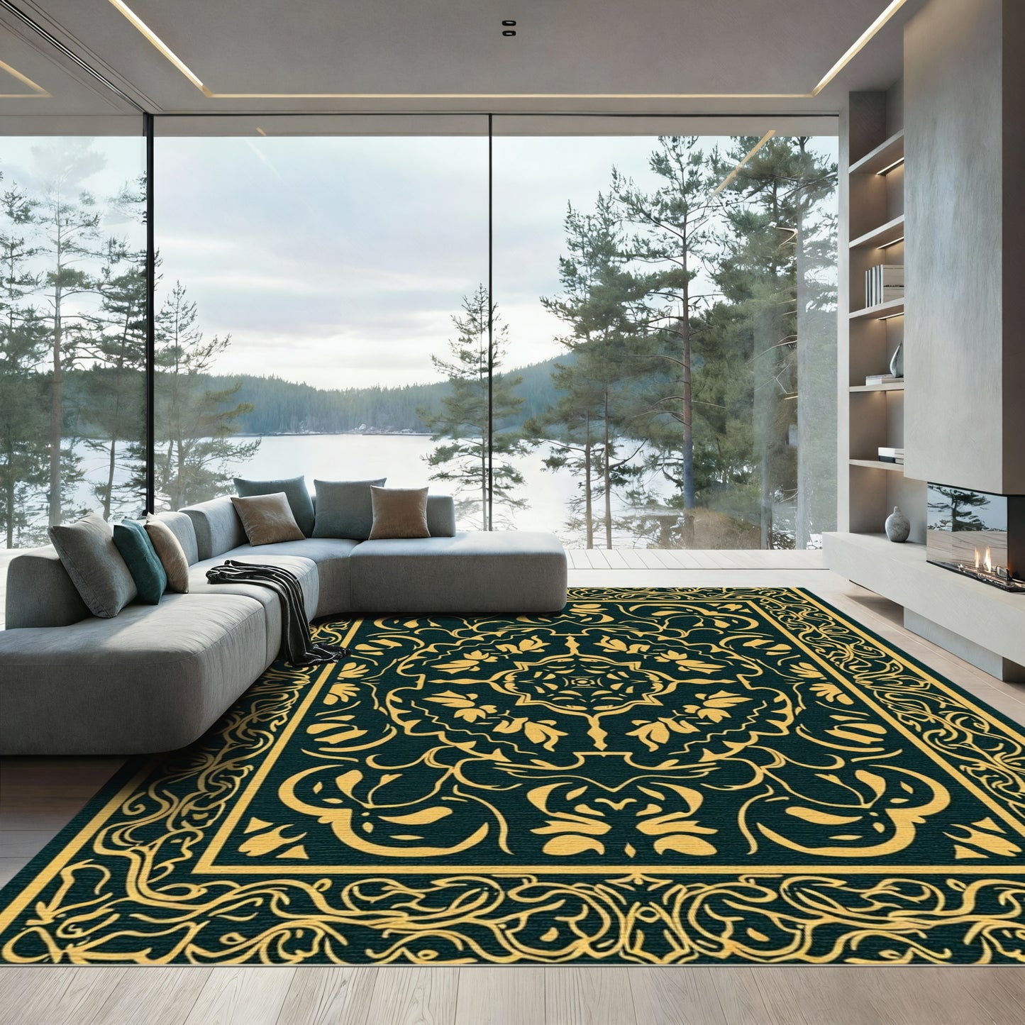 Ornate Golden Botanical Frame Rug