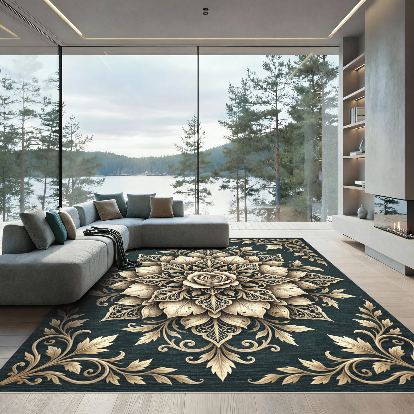Gilded Cream Floral Damask Medallion Rug