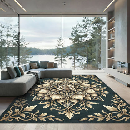 Gilded Cream Floral Damask Medallion Rug