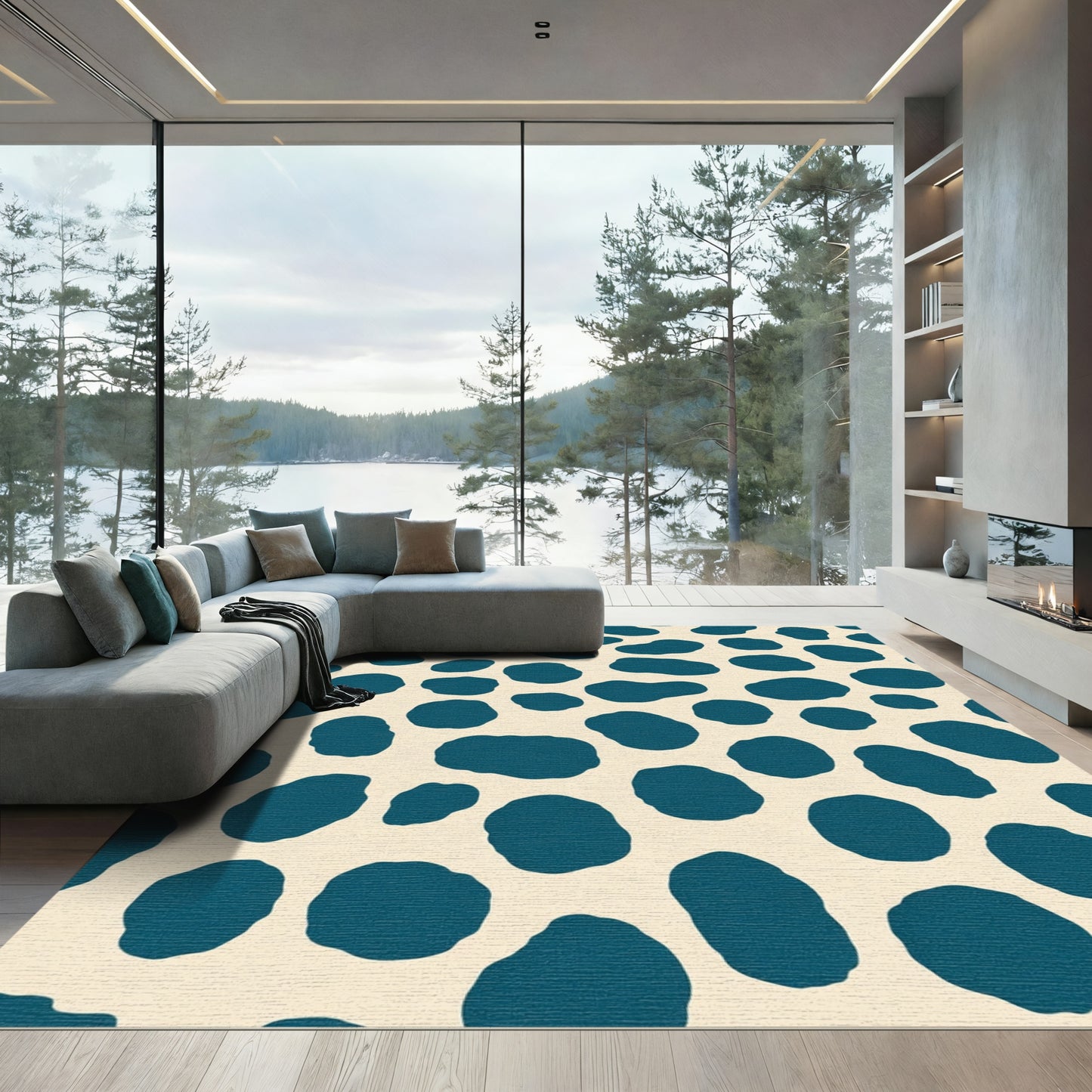 Teal Blotches Cream Spot Rug