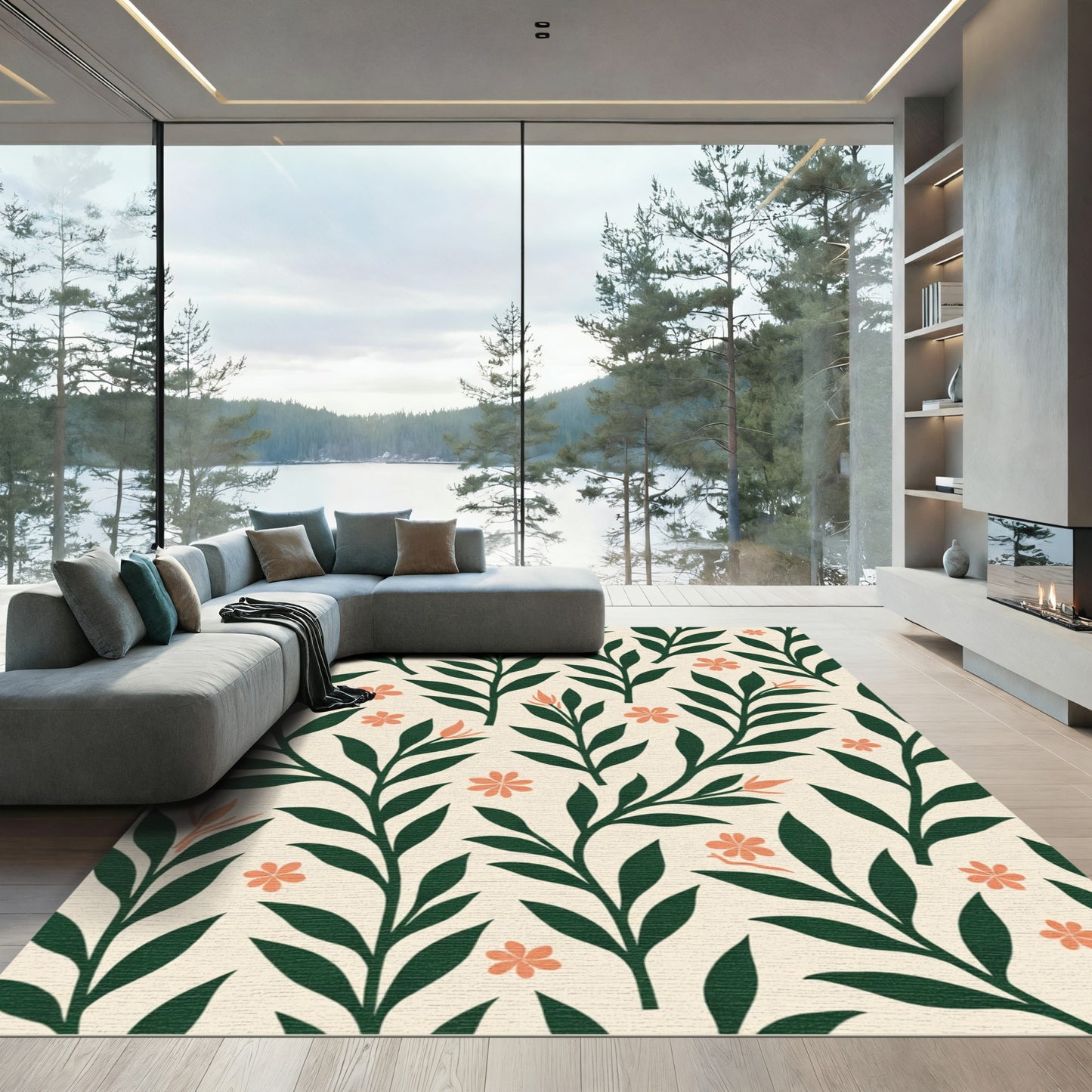 Dark Green Leaf Coral Flower Meadow Rug
