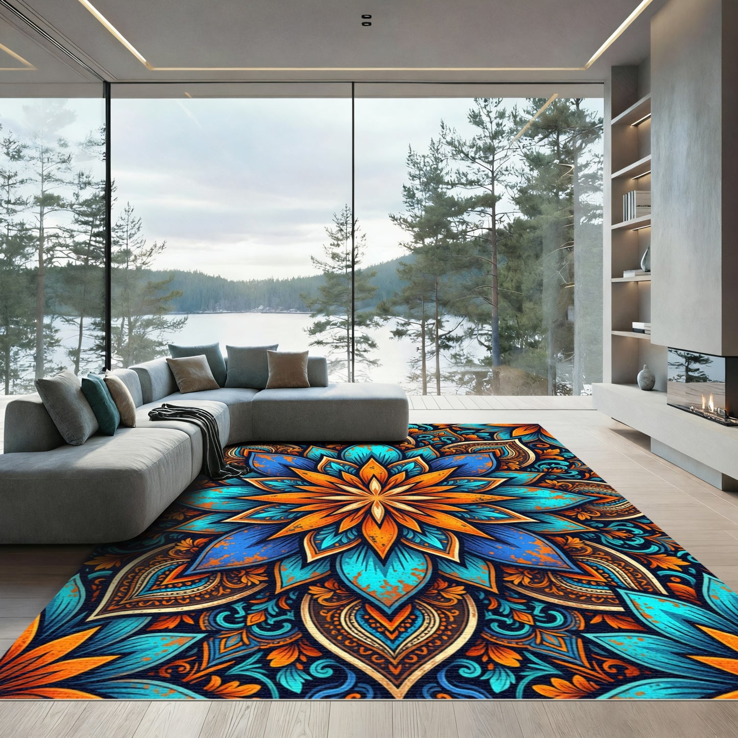 Vibrant Tangerine and Azure Floral Mandala Rug