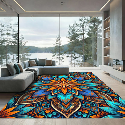 Vibrant Tangerine and Azure Floral Mandala Rug