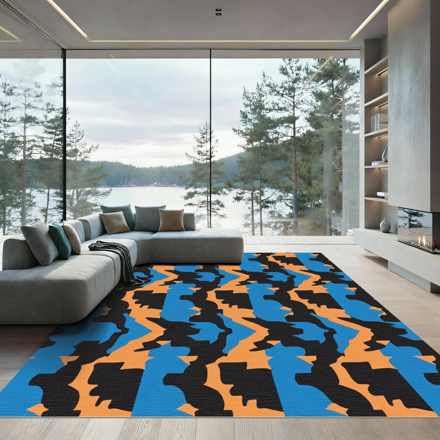 Bold Orange Blue Abstract Camo Rug