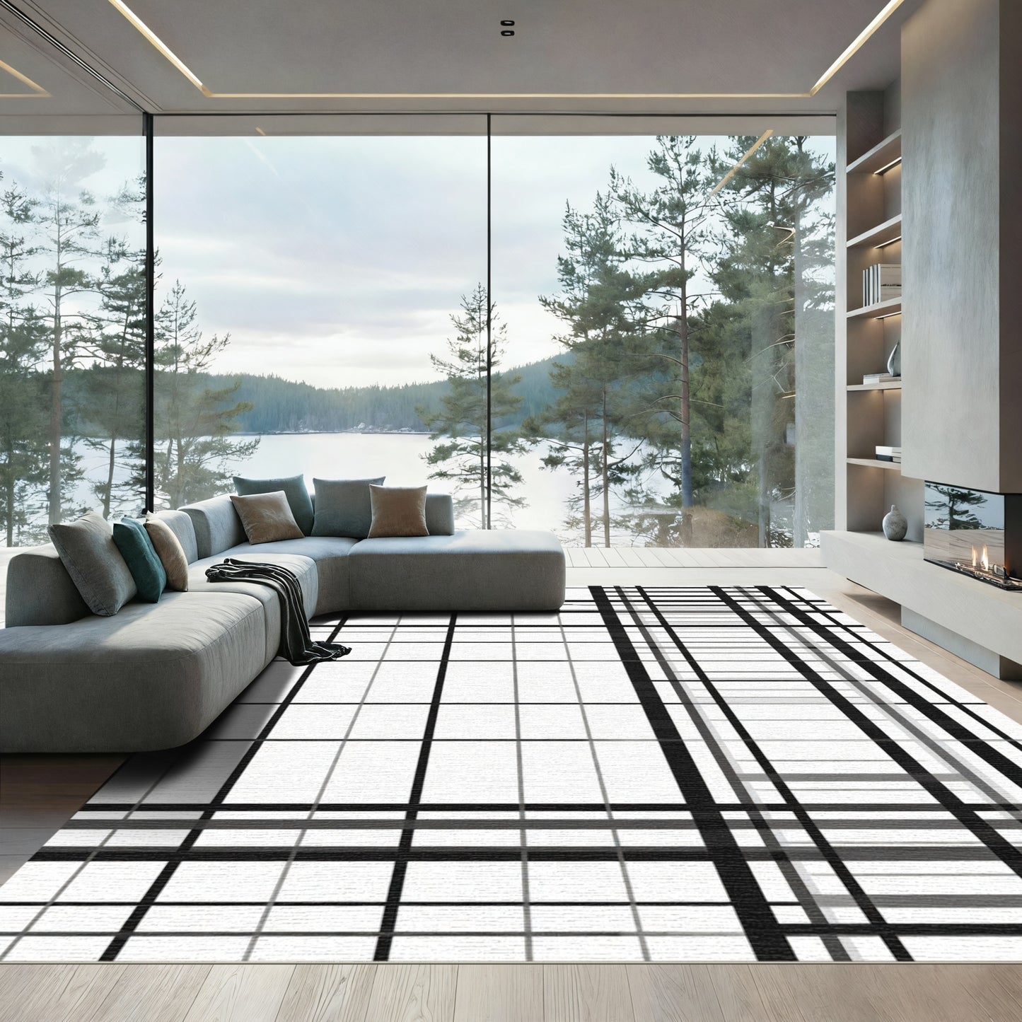 Modern Black White Grid Check Rug