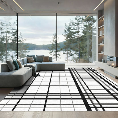Modern Black White Grid Check Rug