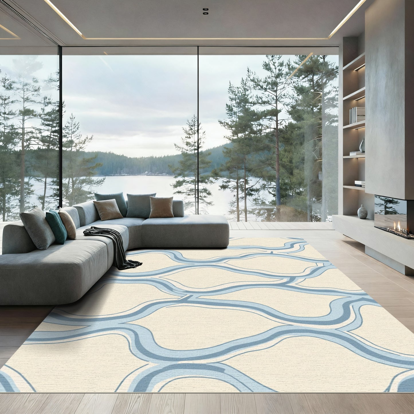 Cream Blue Wavy Interlocking Shapes Rug