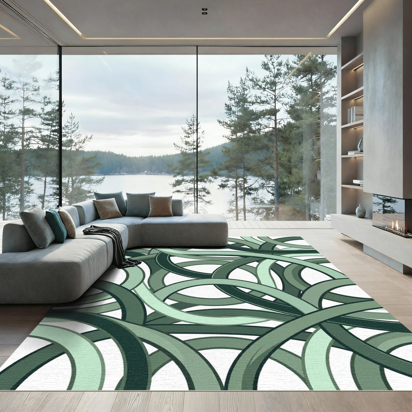 Tonal Green Interlocking Rings Rug