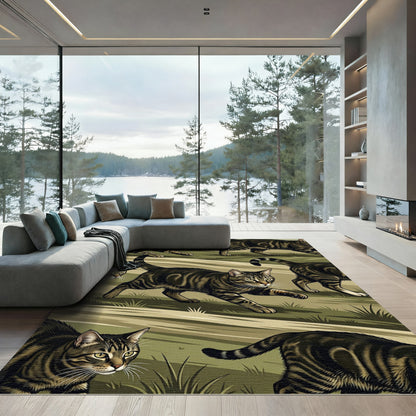 Tabby Cats Running Through Green Hills Rug