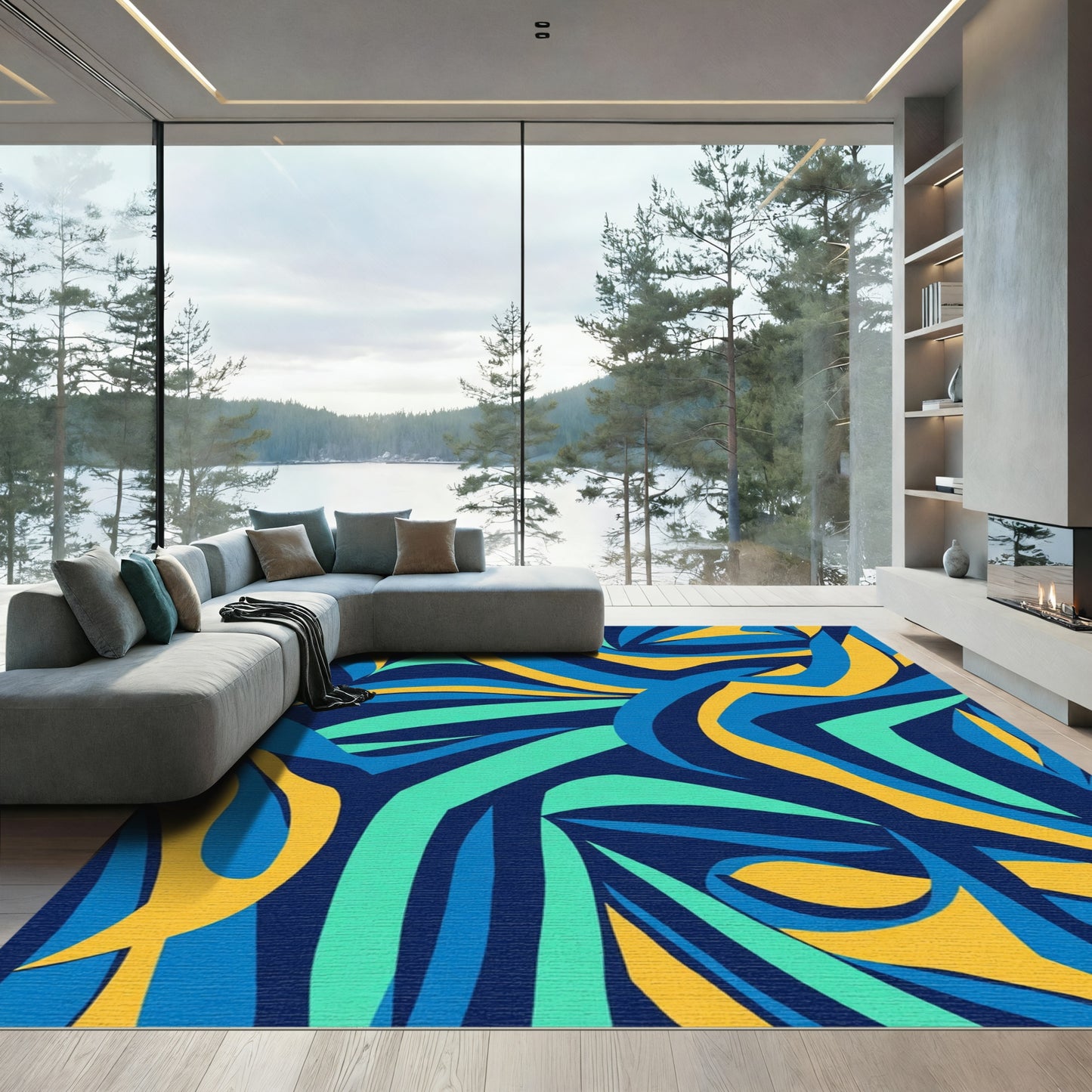 Abstract Blue Yellow Flowing Curves Rug