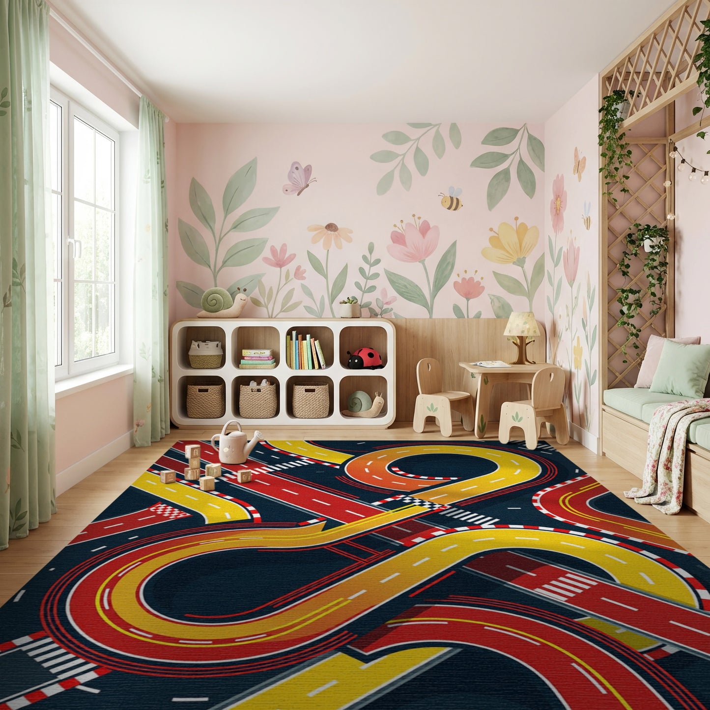 Dynamic Red Yellow Racing Tracks Rug