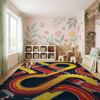 Dynamic Red Yellow Racing Tracks Rug