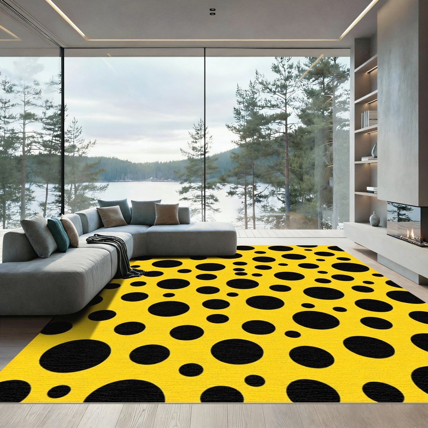 Vibrant Yellow Black Polka Dot Circles Rug