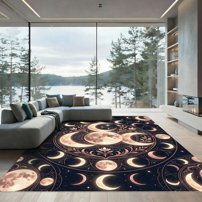 Celestial Golden Moon Phase Mandala Rug