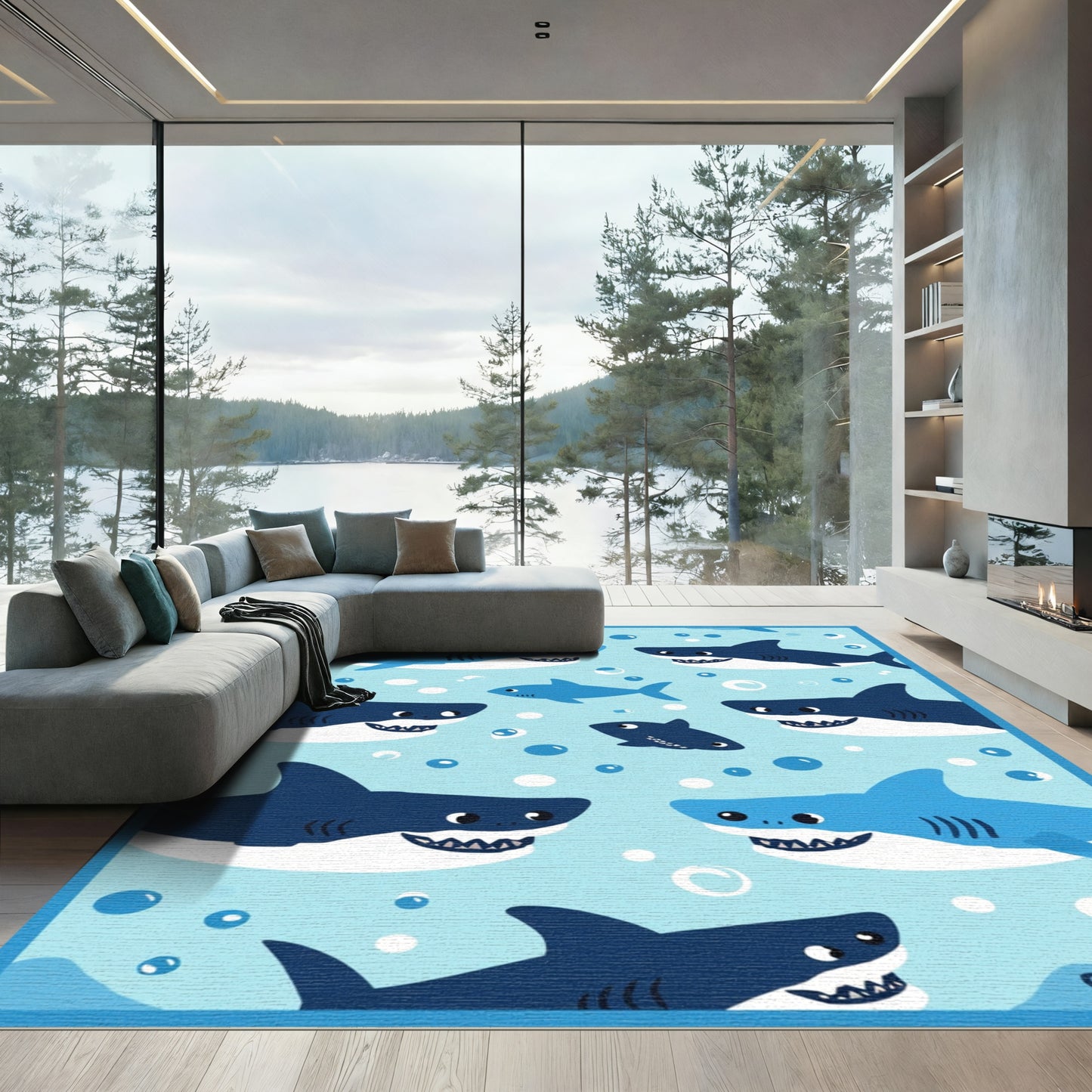 Cute Blue Shark Aquatic Bubbles Rug