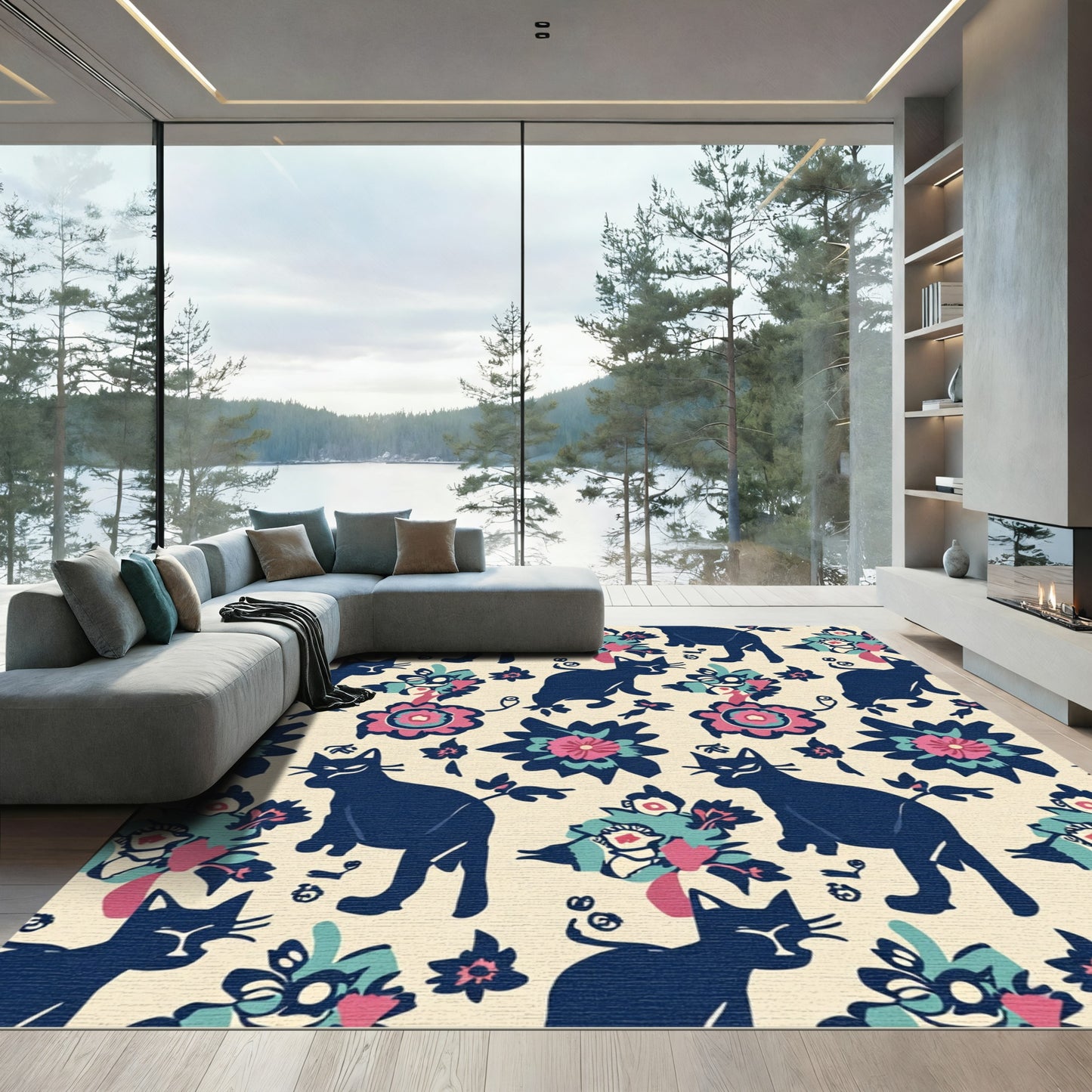Whimsical Indigo Cat Floral Medley Rug