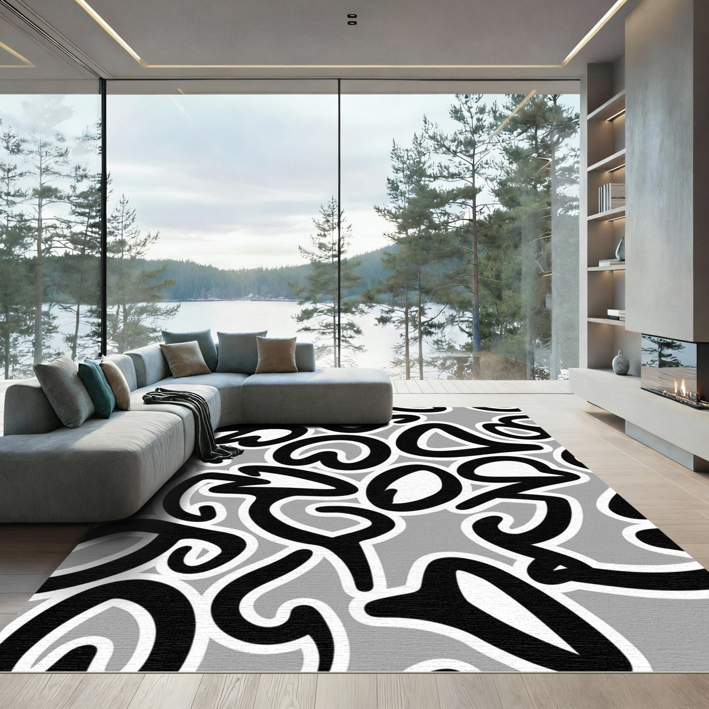 Monochrome Abstract Swirls Graffiti Rug