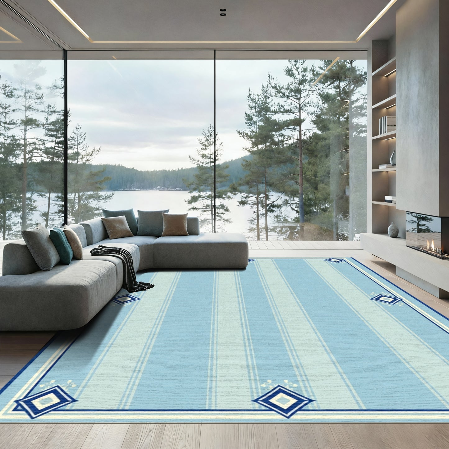 Navy Diamond Blue Striped Border Rug