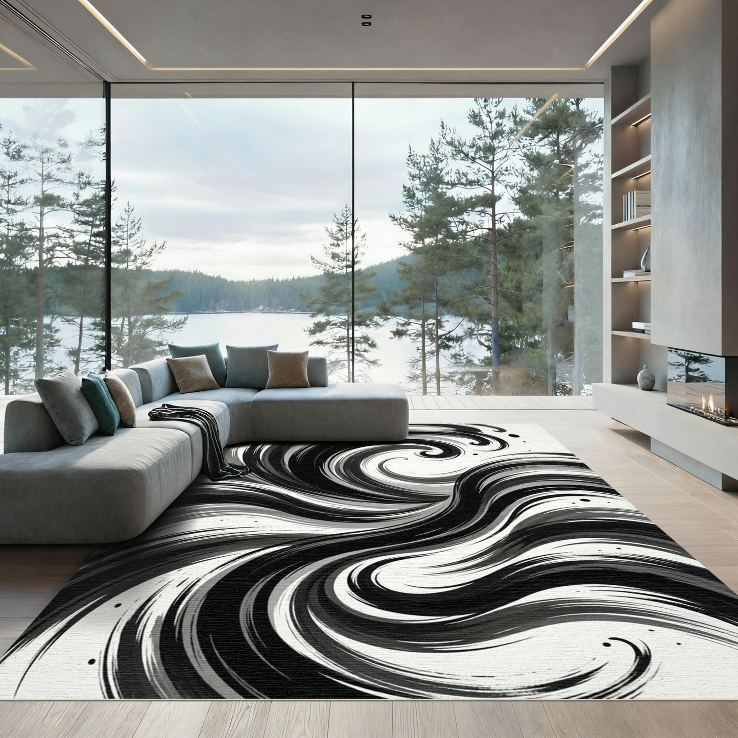 Monochromatic Ink Swirl Abstract Rug