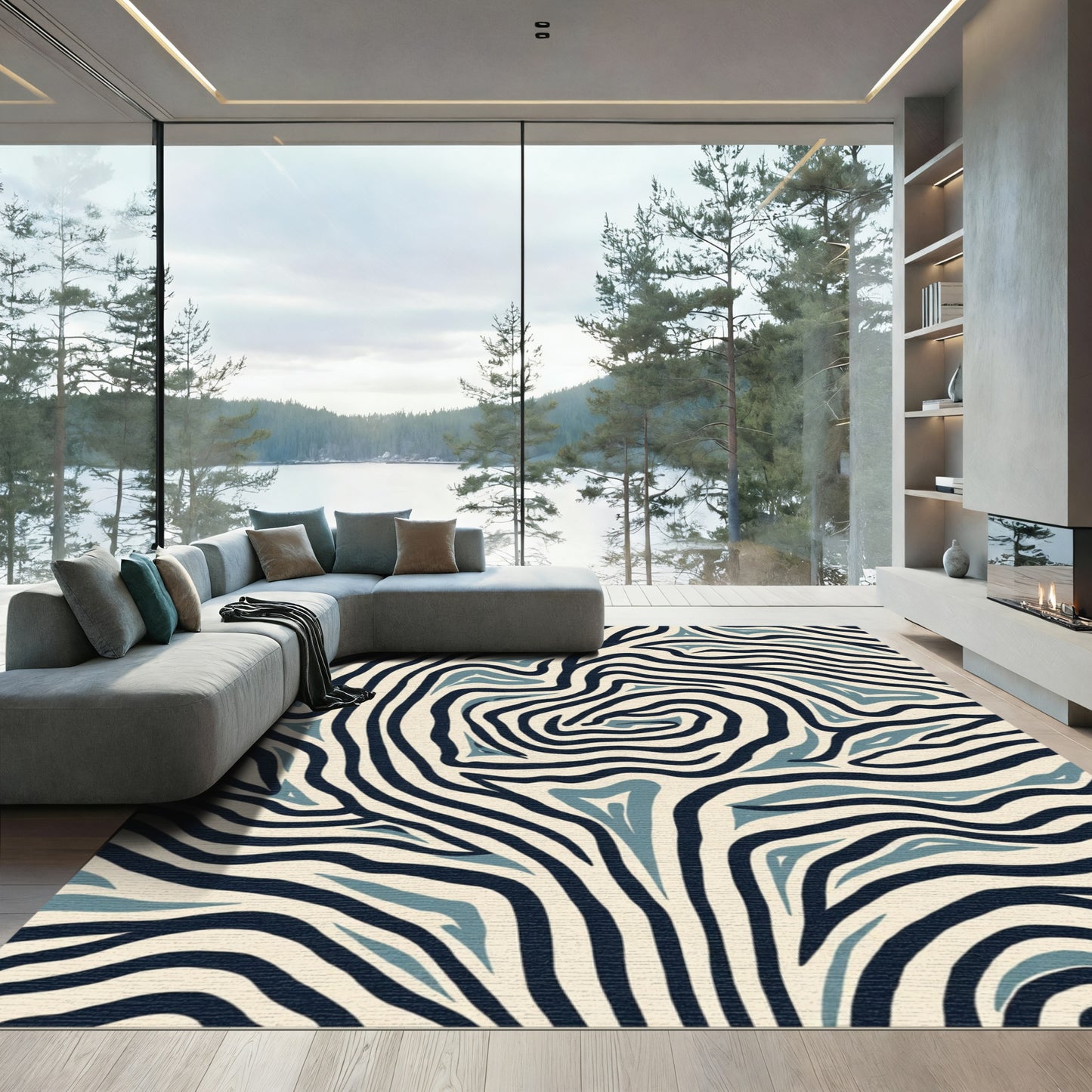 Coastal Blue Zebra Stripe Waves Rug