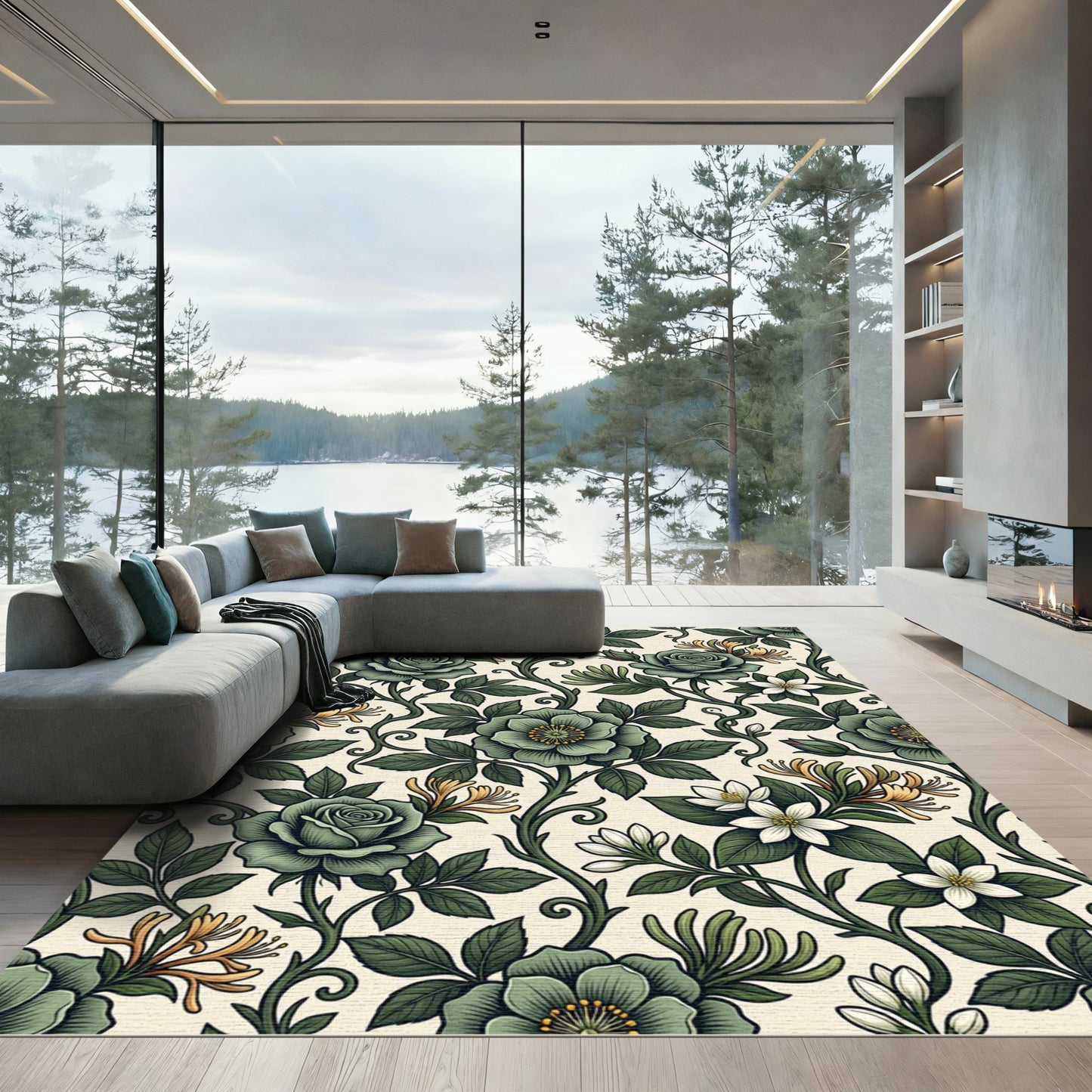 Vintage Sage Green Floral Vine Rug