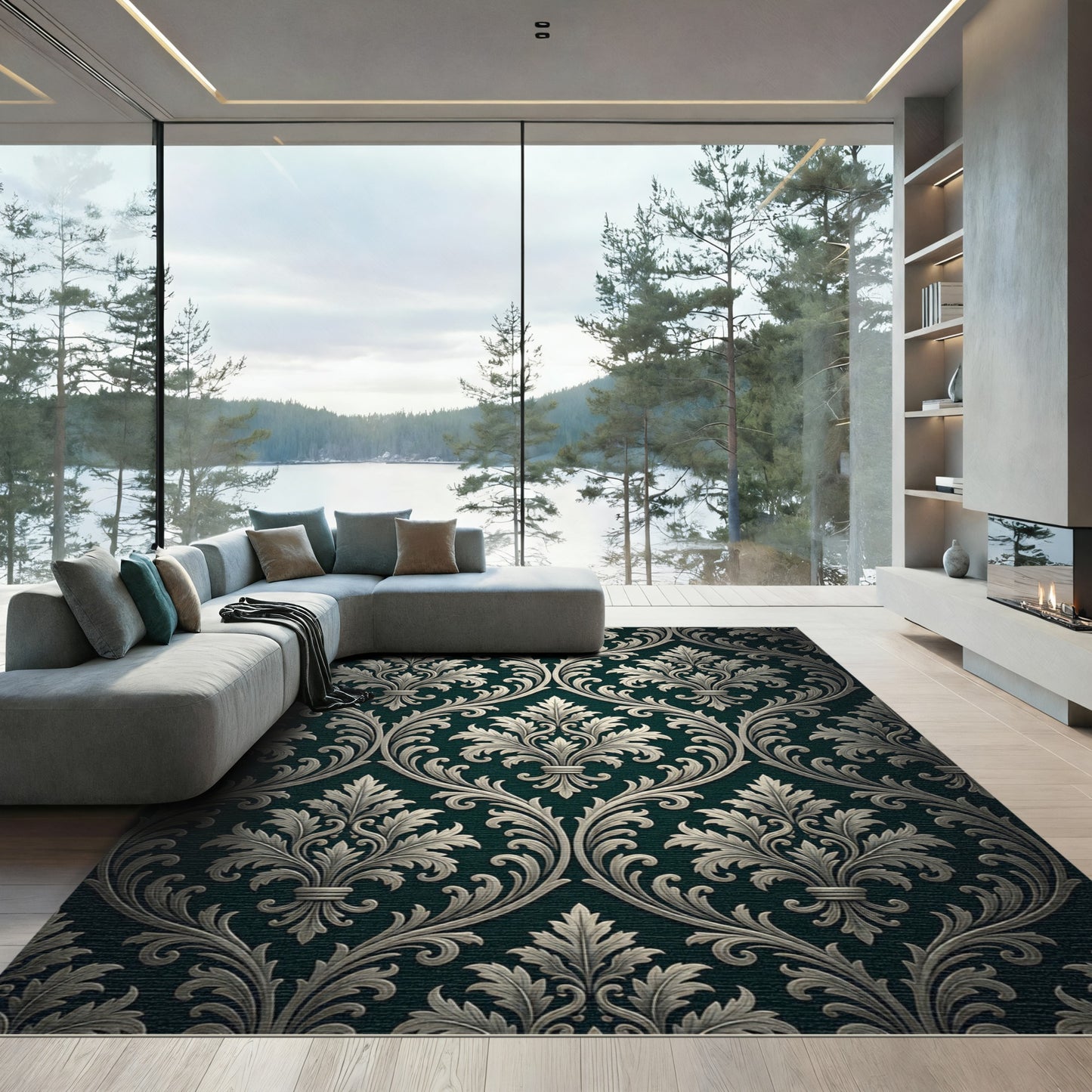 Elegant Emerald Damask Scroll Filigree Rug