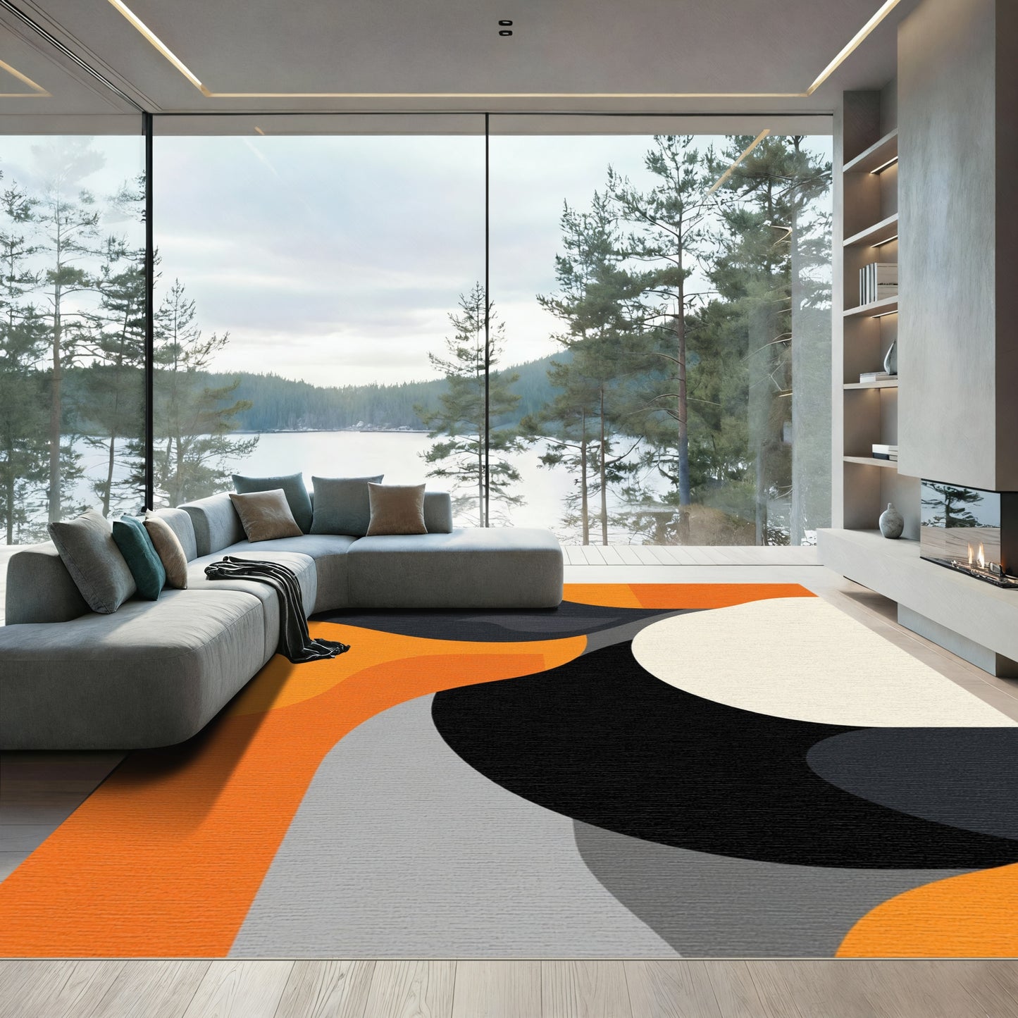 Vibrant Orange Gray Abstract Shapes Rug