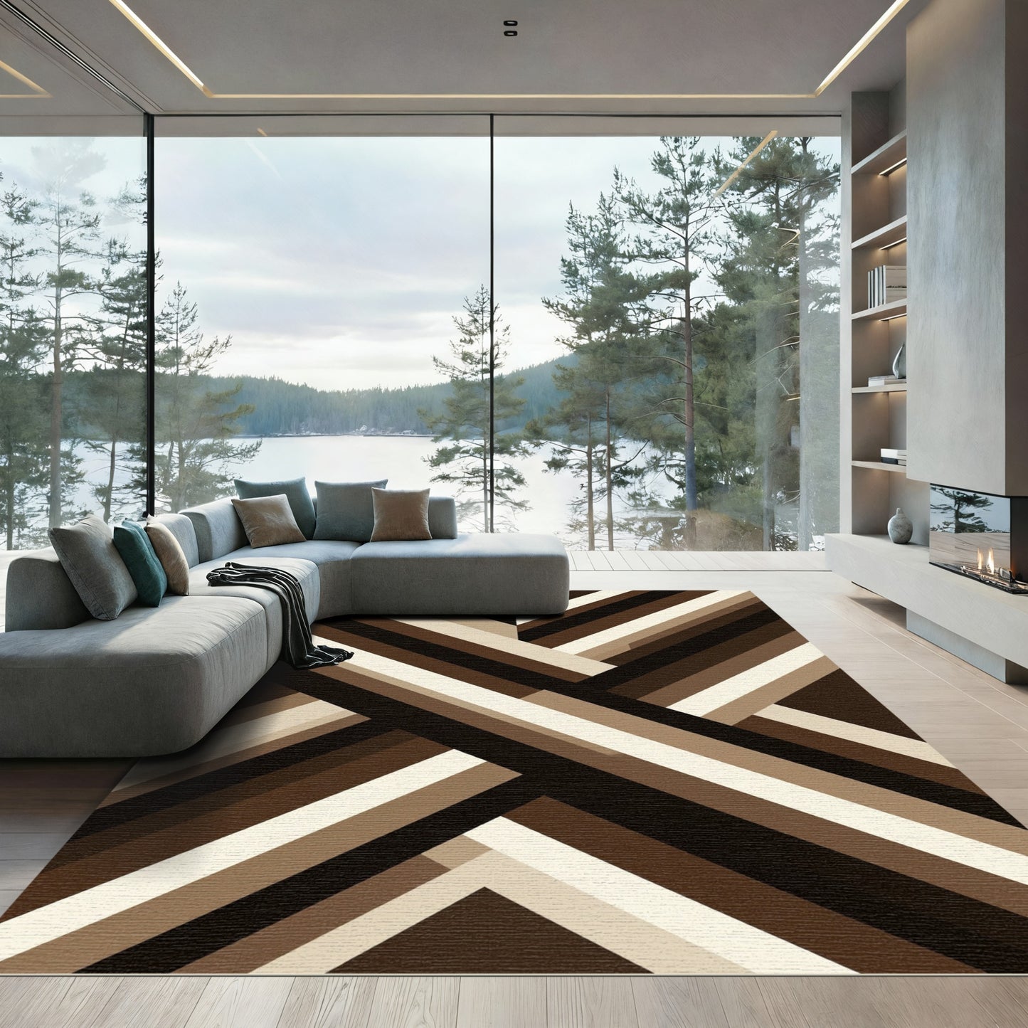 Modern Brown Geometric Intersecting Striped Rug