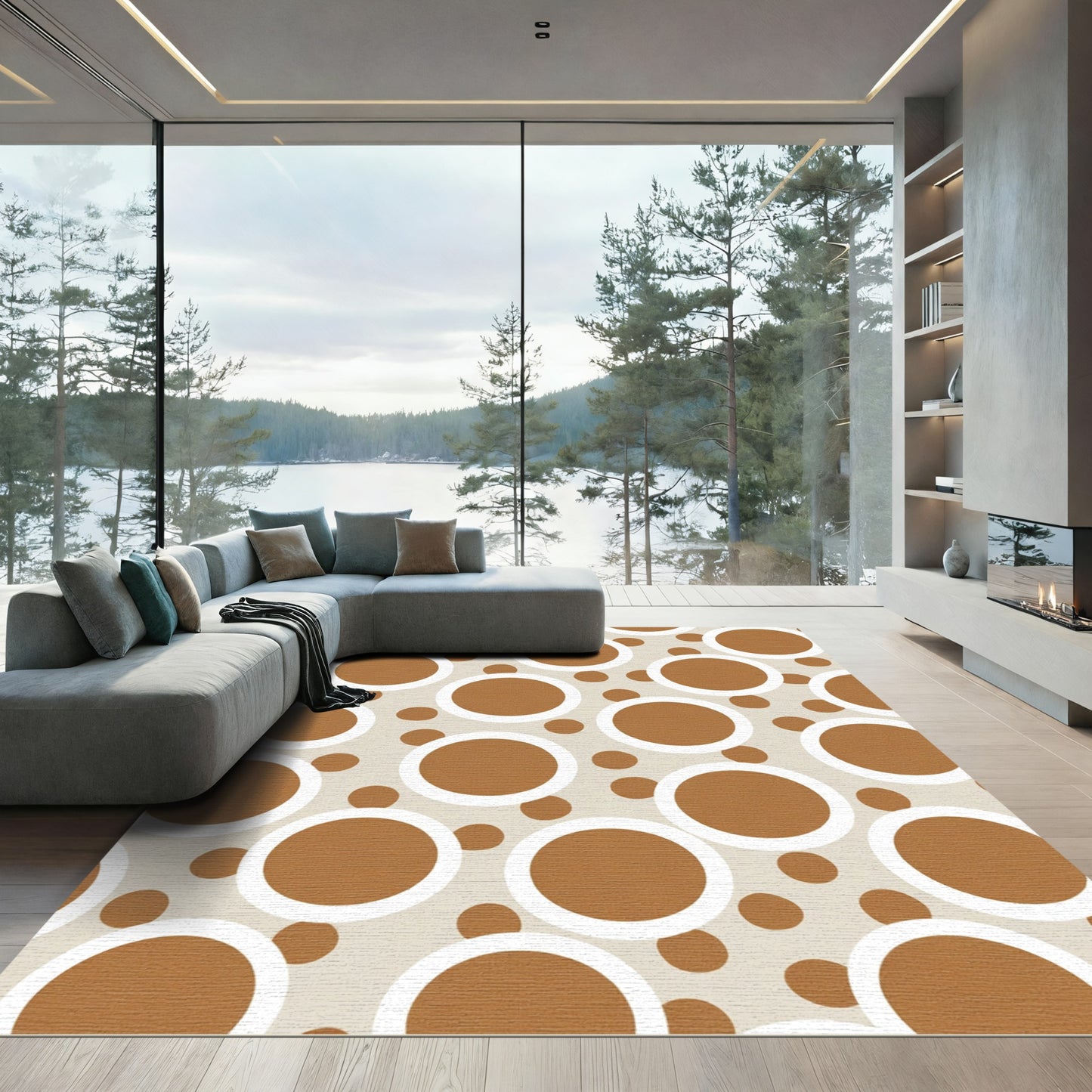 Brown White Circle Scattered Composition Rug