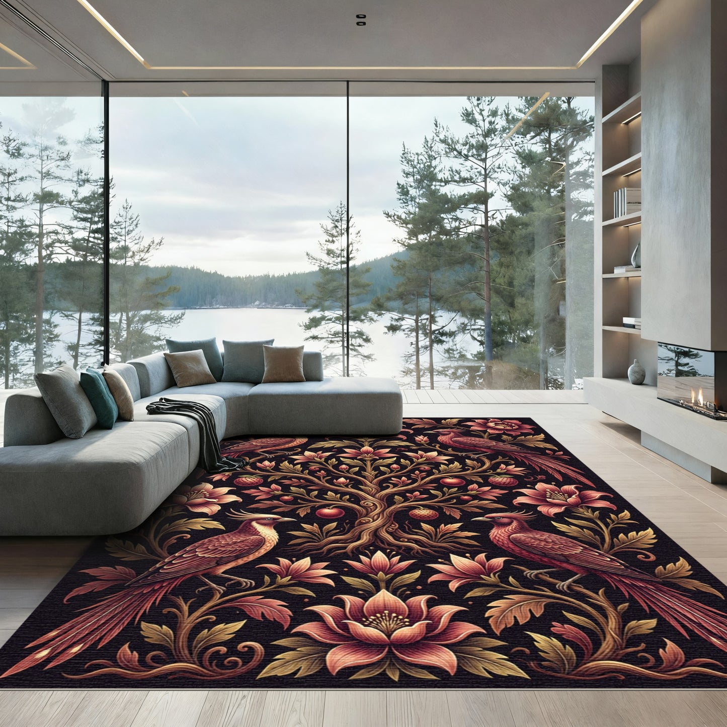 Crimson Birds Floral Tree Composition Rug