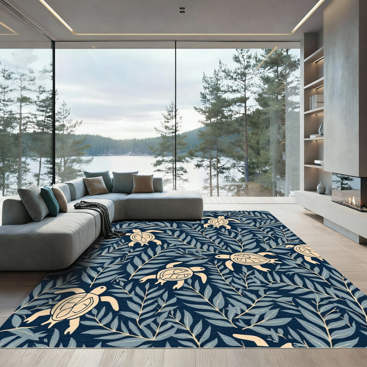 Navy Cream Turtle Leaf Pattern Rug