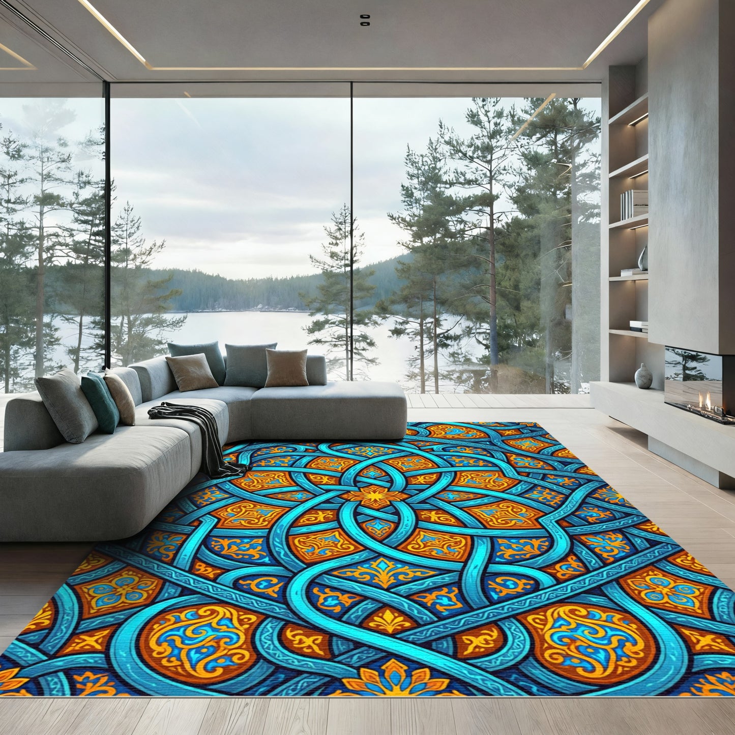 Intricate Azure Blue Intertwining Gold Filigree Rug