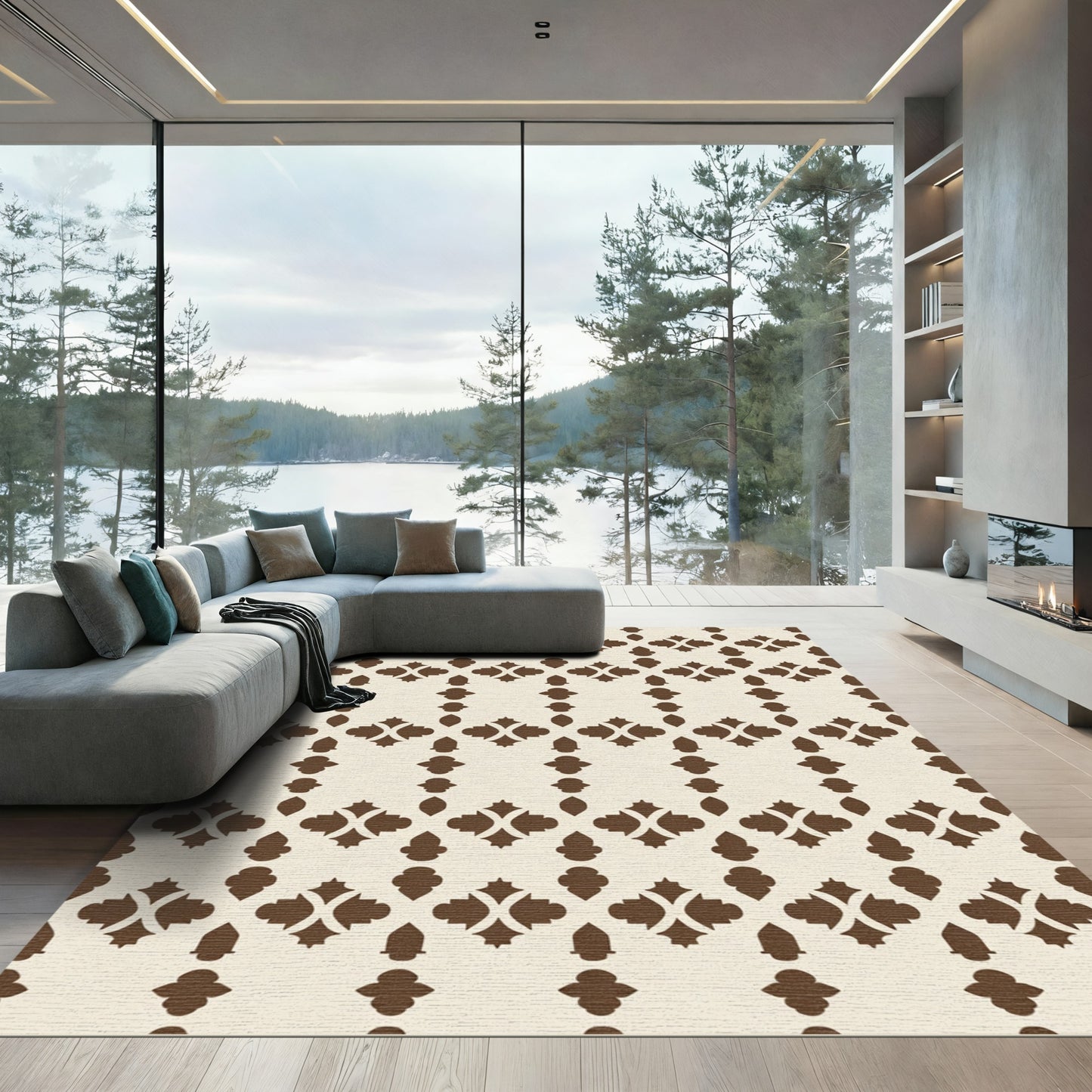 Brown Lattice Geometric Repeating Pattern Rug