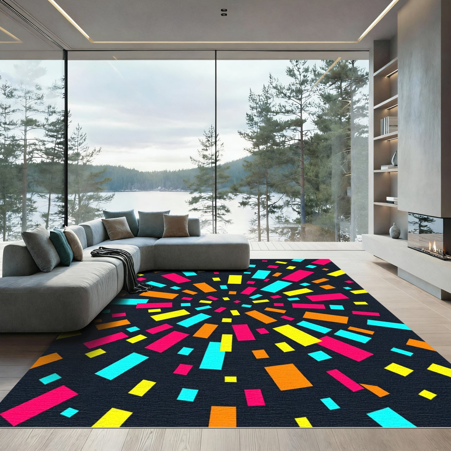 Vibrant Neon Abstract Radial Rectangles Rug