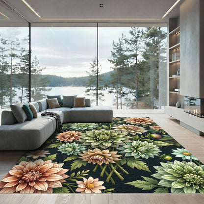Coral Green Floral Arrangement Rug