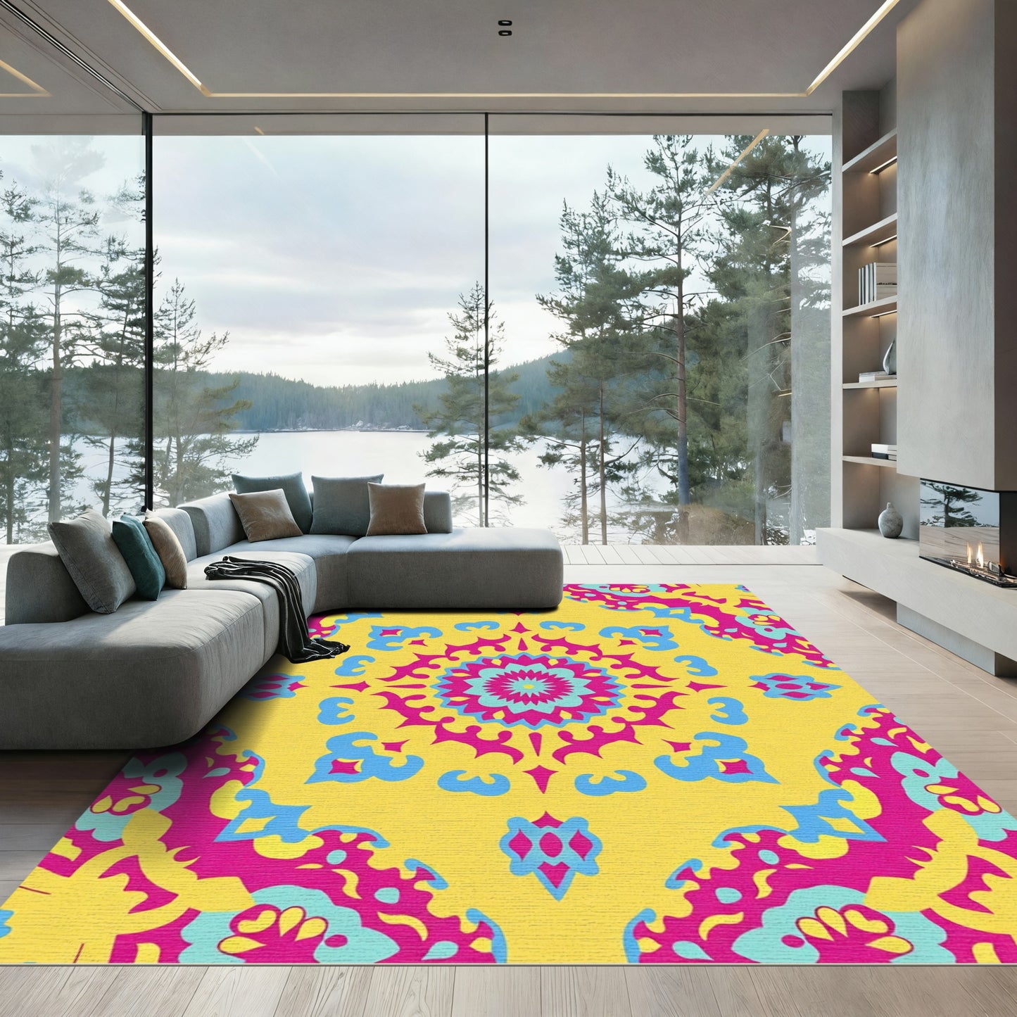 Vibrant Pink Blue Floral Mandala Rug