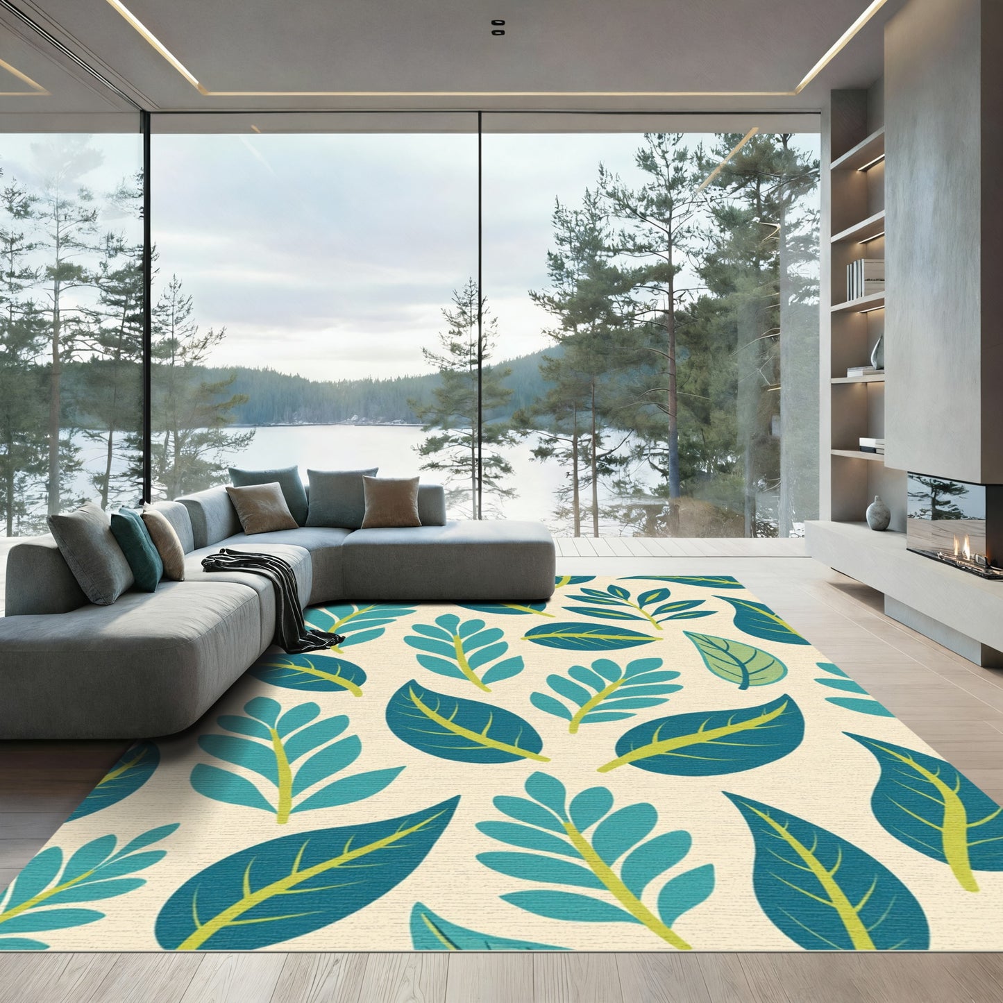 Teal Leafy Branches Cream Background Rug